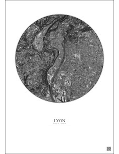 Affiche Lyon – Poster vue satellite 5km N&B | Gravura – Fond clair