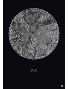 Affiche Lyon – Poster vue satellite 10km N&B | Gravura – Fond foncé