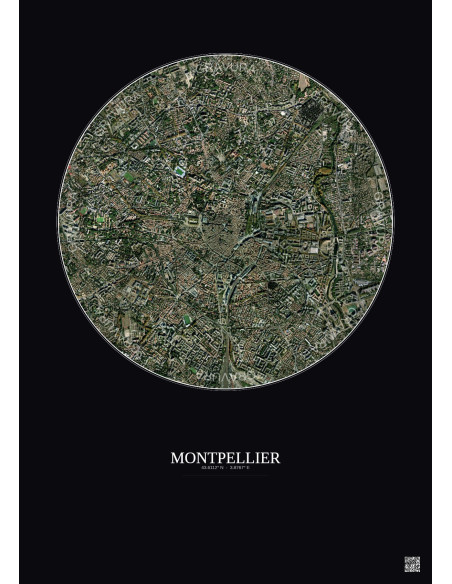 Affiche Montpellier – Poster vue satellite 2.5km Couleur | Gravura – Fond foncé