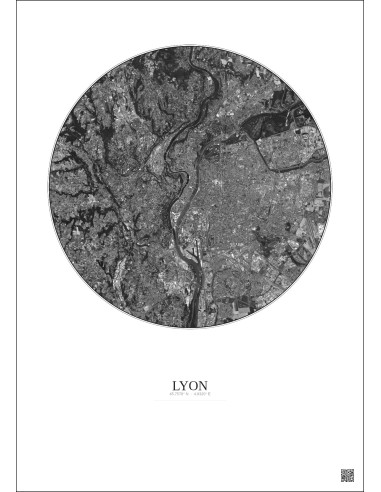 Lyon Satellite View Poster 10km B&W | Gravura – Light background