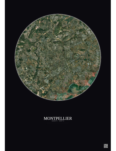 Affiche Montpellier – Poster vue satellite 10km Couleur | Gravura – Fond foncé
