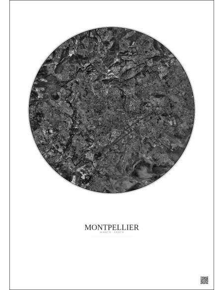 Montpellier Satellite View Poster 10km B&W | Gravura – Light background