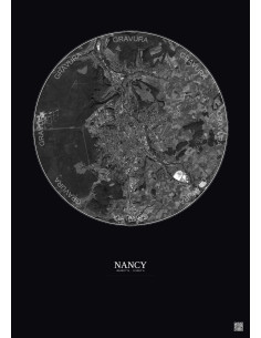 Affiche Nancy – Poster vue satellite 10km N&B | Gravura – Fond foncé