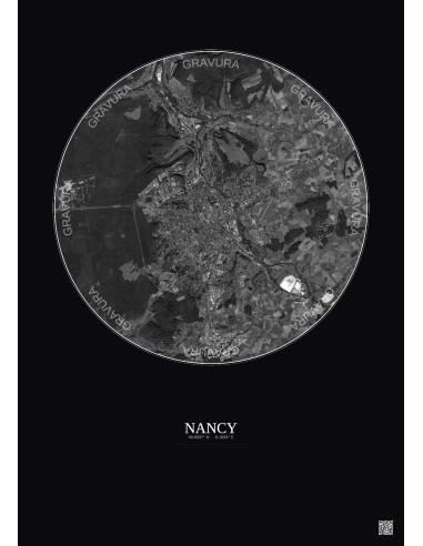 Affiche Nancy – Poster vue satellite 10km N&B | Gravura – Fond foncé