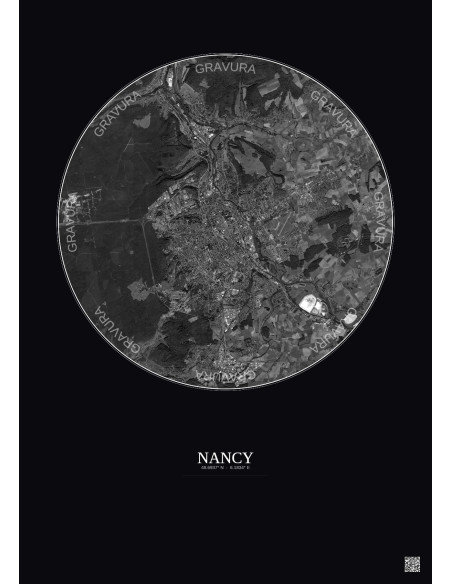 Affiche Nancy – Poster vue satellite 10km N&B | Gravura – Fond foncé