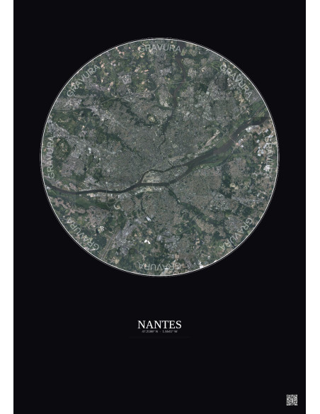Nantes Satellite View Poster 10km Color | Gravura – Dark background