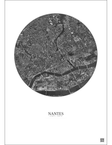 Affiche Nantes – Poster vue satellite 2.5km N&B | Gravura – Fond clair