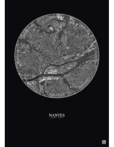 Nantes Satellite View Poster 5km B&W | Gravura – Dark background
