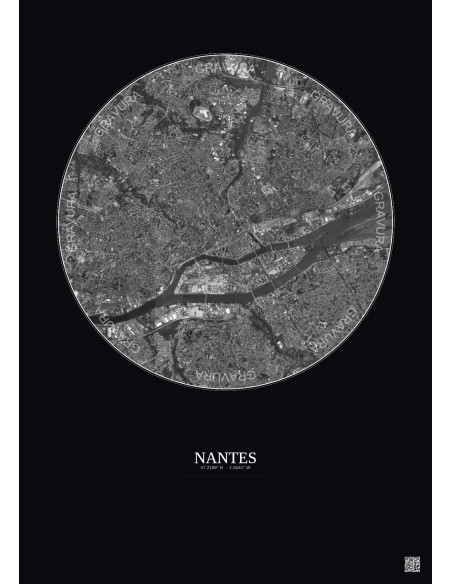 Nantes Satellite View Poster 5km B&W | Gravura – Dark background