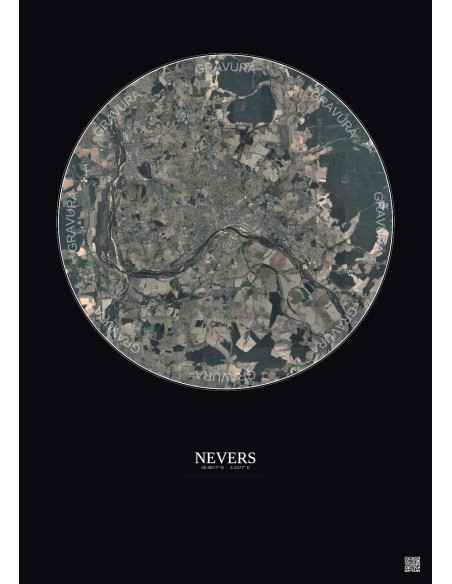 Affiche Nevers – Poster vue satellite 10km Couleur | Gravura – Fond foncé