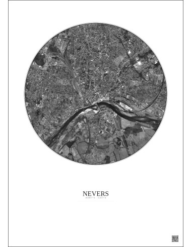 Affiche Nevers – Poster vue satellite 2.5km N&B | Gravura – Fond clair