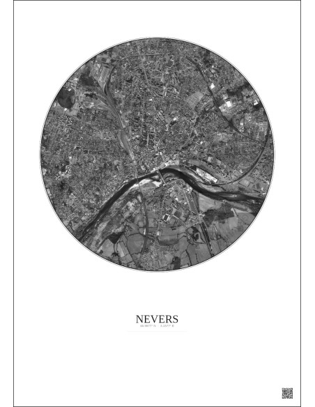 Affiche Nevers – Poster vue satellite 2.5km N&B | Gravura – Fond clair
