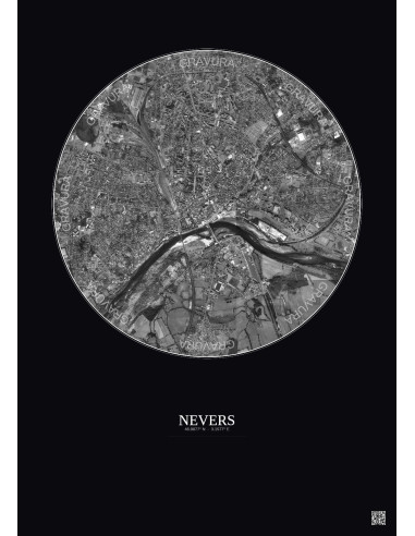 Affiche Nevers – Poster vue satellite 2.5km N&B | Gravura – Fond foncé