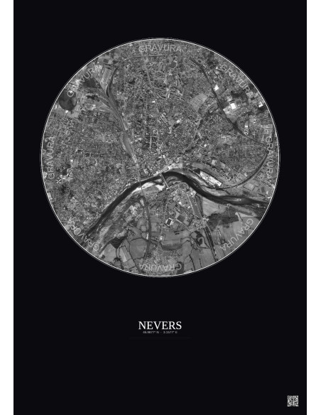Affiche Nevers – Poster vue satellite 2.5km N&B | Gravura – Fond foncé