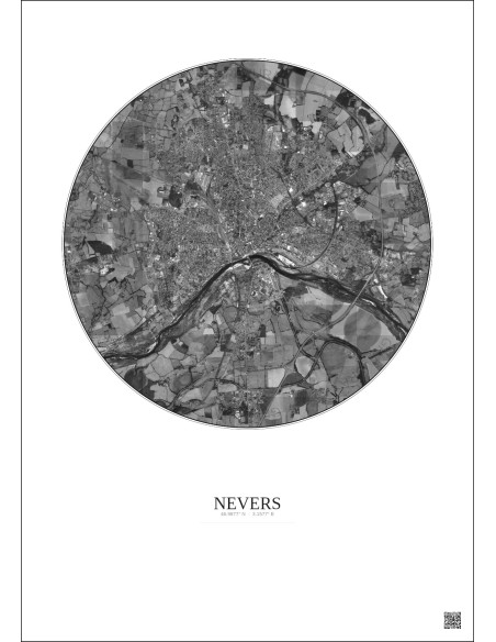 Nevers Satellite View Poster 5km B&W | Gravura – Light background
