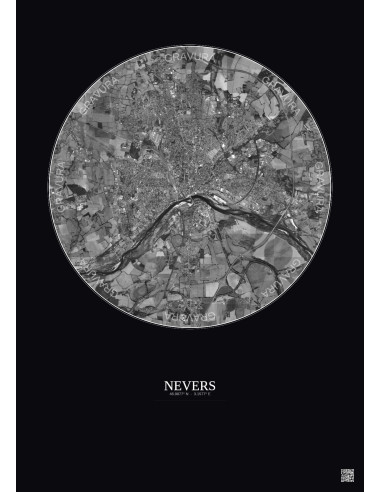 Nevers Satellite View Poster 5km B&W | Gravura – Dark background