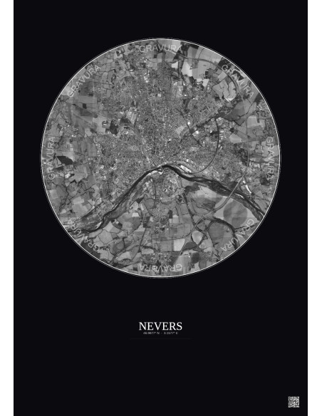 Nevers Satellite View Poster 5km B&W | Gravura – Dark background
