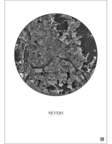 Nevers Satellite View Poster 10km B&W | Gravura – Light background