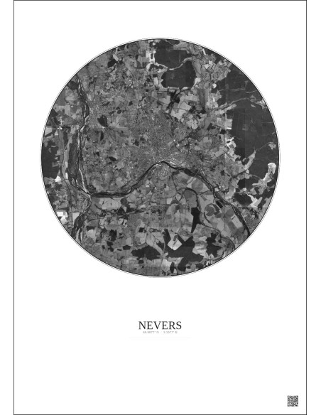 Nevers Satellite View Poster 10km B&W | Gravura – Light background