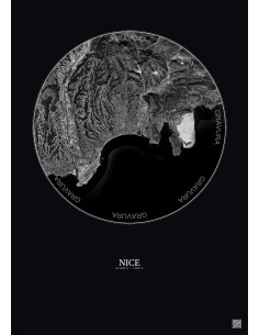 Affiche Nice – Poster vue satellite 10km N&B | Gravura – Fond foncé