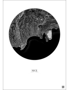 Affiche Nice – Poster vue satellite 10km N&B | Gravura – Fond clair