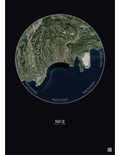 Affiche Nice – Poster vue satellite 10km Couleur | Gravura – Fond foncé