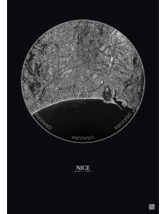 Affiche Nice – Poster vue satellite 2.5km N&B | Gravura – Fond foncé