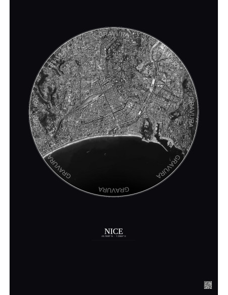 Affiche Nice – Poster vue satellite 2.5km N&B | Gravura – Fond foncé