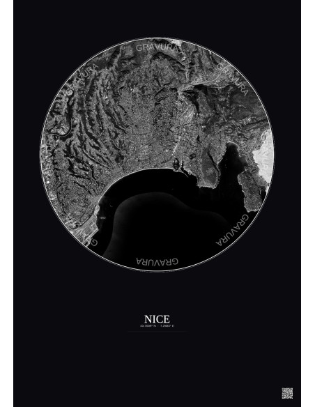 Affiche Nice – Poster vue satellite 6km N&B | Gravura – Fond foncé