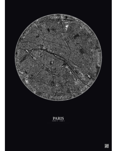 Paris Satellite View Poster 6km B&W | Gravura – Dark background