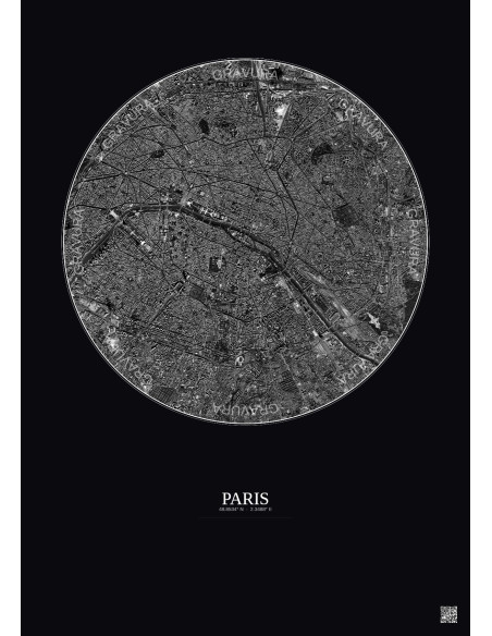 Paris Satellite View Poster 6km B&W | Gravura – Dark background