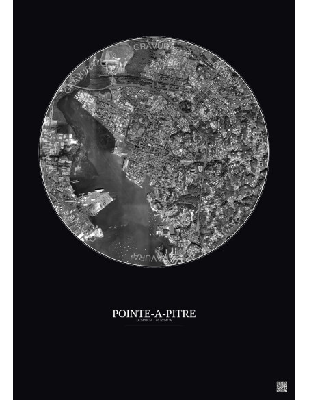 Pointe A Pitre Satellite View Poster 2.5km B&W | Gravura – Dark background