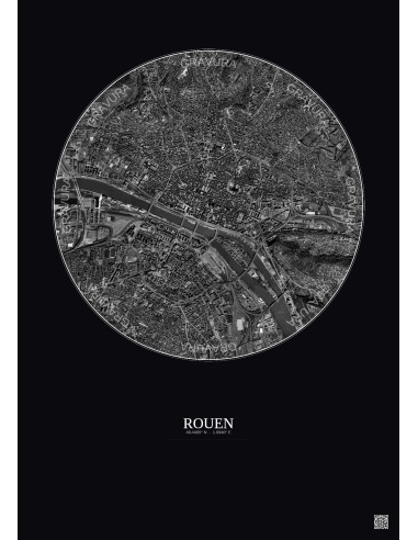 Rouen Satellite View Poster 2.5km B&W | Gravura – Dark background