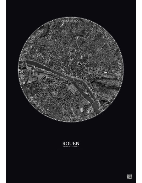Rouen Satellite View Poster 2.5km B&W | Gravura – Dark background