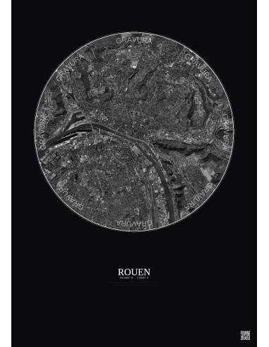 Rouen Satellite View Poster 5km B&W | Gravura – Dark background