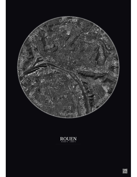 Rouen Satellite View Poster 5km B&W | Gravura – Dark background
