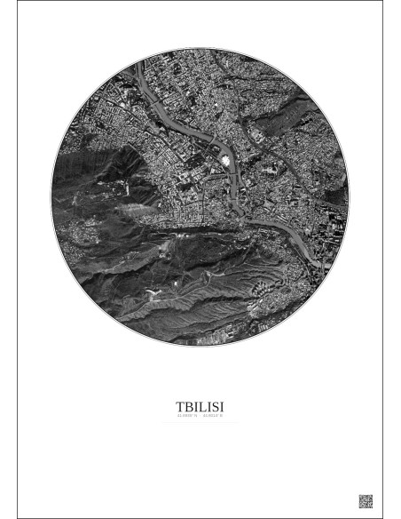 Affiche Tbilisi – Poster vue satellite 2.5km N&B | Gravura – Fond clair