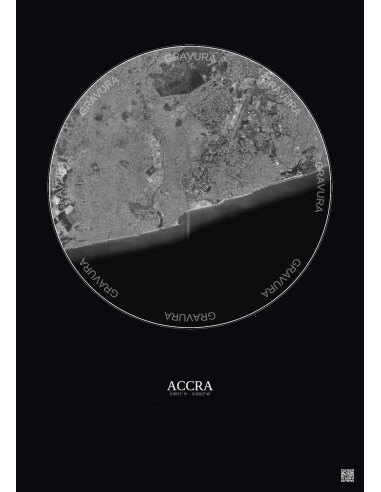 Affiche Accra – Poster vue satellite 10km N&B | Gravura – Fond foncé