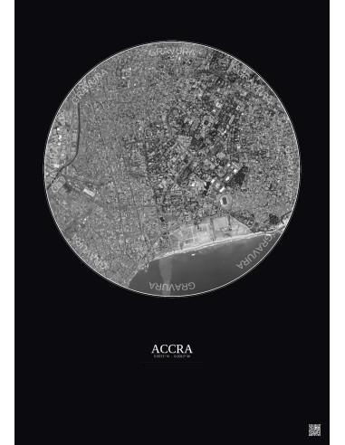 Affiche Accra – Poster vue satellite 2.5km N&B | Gravura – Fond foncé