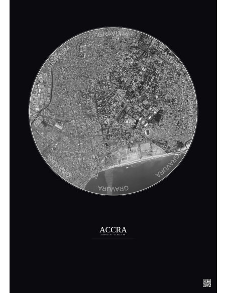Affiche Accra – Poster vue satellite 2.5km N&B | Gravura – Fond foncé