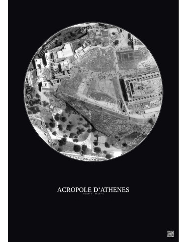 Acropole Dathenes Satellite View Poster 0.1km B&W | Gravura – Dark background