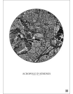 Affiche Acropole Dathenes – Poster vue satellite 1km N&B | Gravura – Fond clair