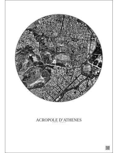 Affiche Acropole Dathenes – Poster vue satellite 1km N&B | Gravura – Fond clair