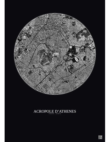 Acropole Dathenes Satellite View Poster 2.5km B&W | Gravura – Dark background