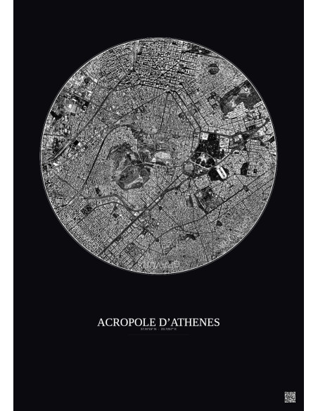 Acropole Dathenes Satellite View Poster 2.5km B&W | Gravura – Dark background