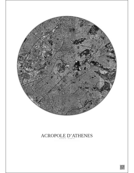 Affiche Acropole Dathenes – Poster vue satellite 5km N&B | Gravura – Fond clair