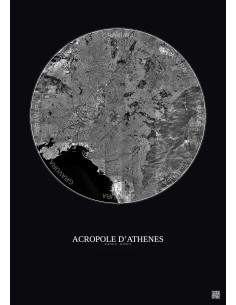 Affiche Acropole Dathenes – Poster vue satellite 10km N&B | Gravura – Fond foncé