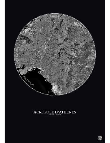 Affiche Acropole Dathenes – Poster vue satellite 10km N&B | Gravura – Fond foncé