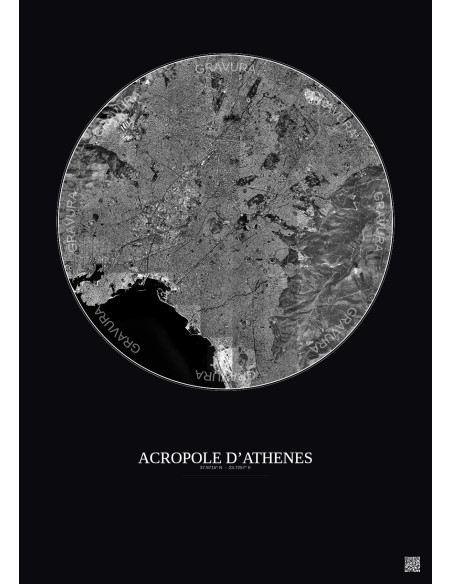 Affiche Acropole Dathenes – Poster vue satellite 10km N&B | Gravura – Fond foncé