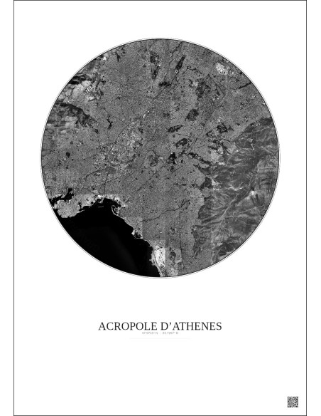 Affiche Acropole Dathenes – Poster vue satellite 10km N&B | Gravura – Fond clair